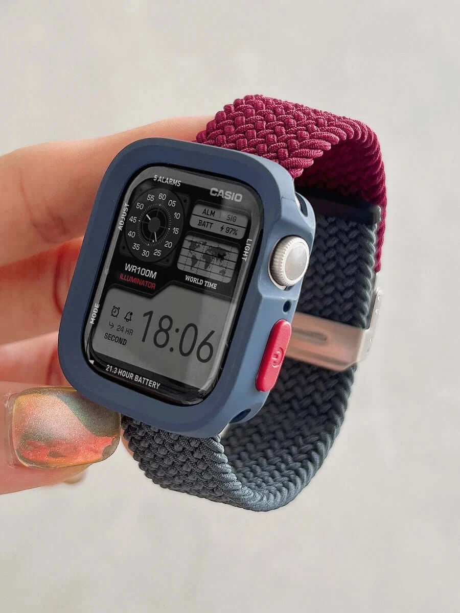 Navy Case - Burgundy / Navy woven nylon Apple Watch band with matching case