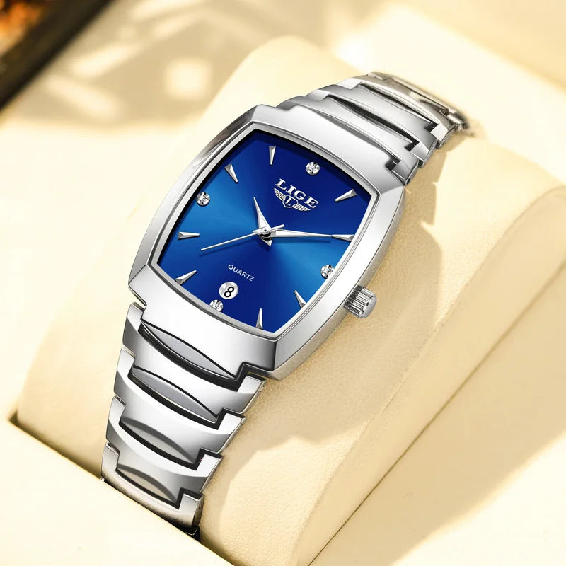 Women's Tonneau Date Quartz Bracelet Watch — Silver Tone / Blue Dial — BandsCo Straps