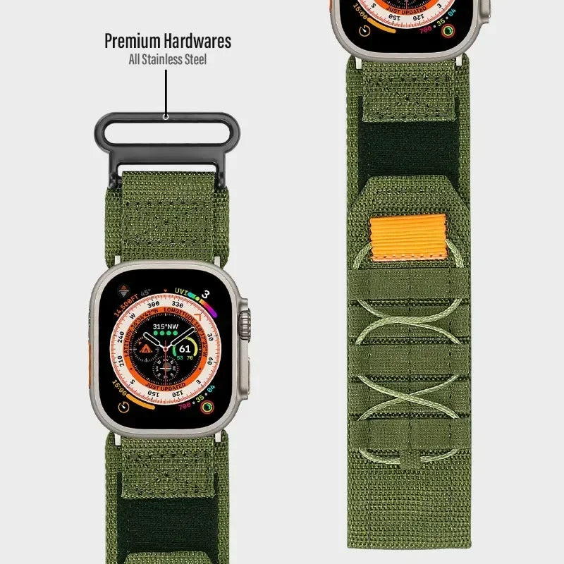 Cord-laced nylon strap and connector details for Apple Watch