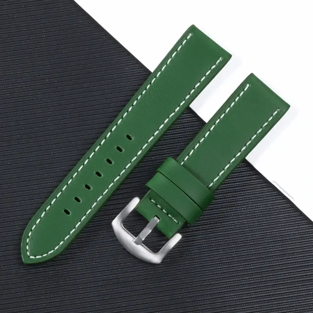 TicWatch Leather Band with Stitching Options - Green / White Stitching with silver buckle