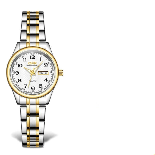 Women's Arabic Dial Steel Day-Date Watch — Two-tone white dial watch — BandsCo Straps