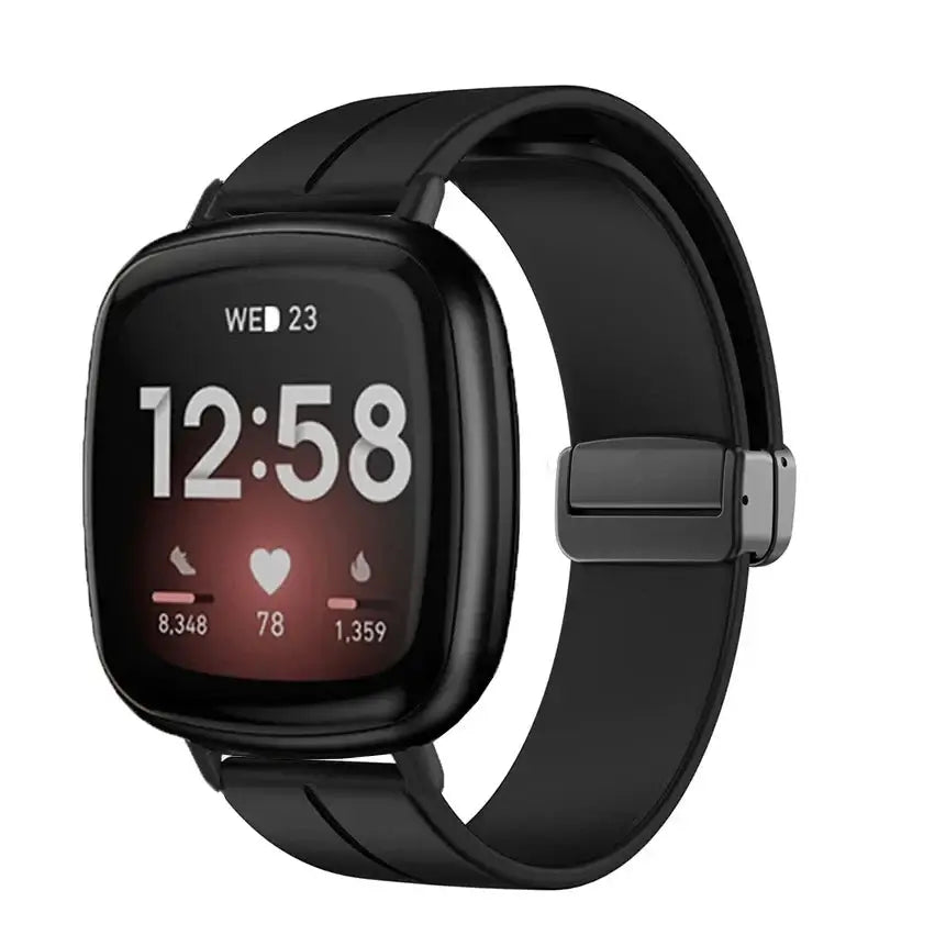 Fitbit Versa 3/4 & Sense 1/2 Magnetic Silicone Band - Black band on watch