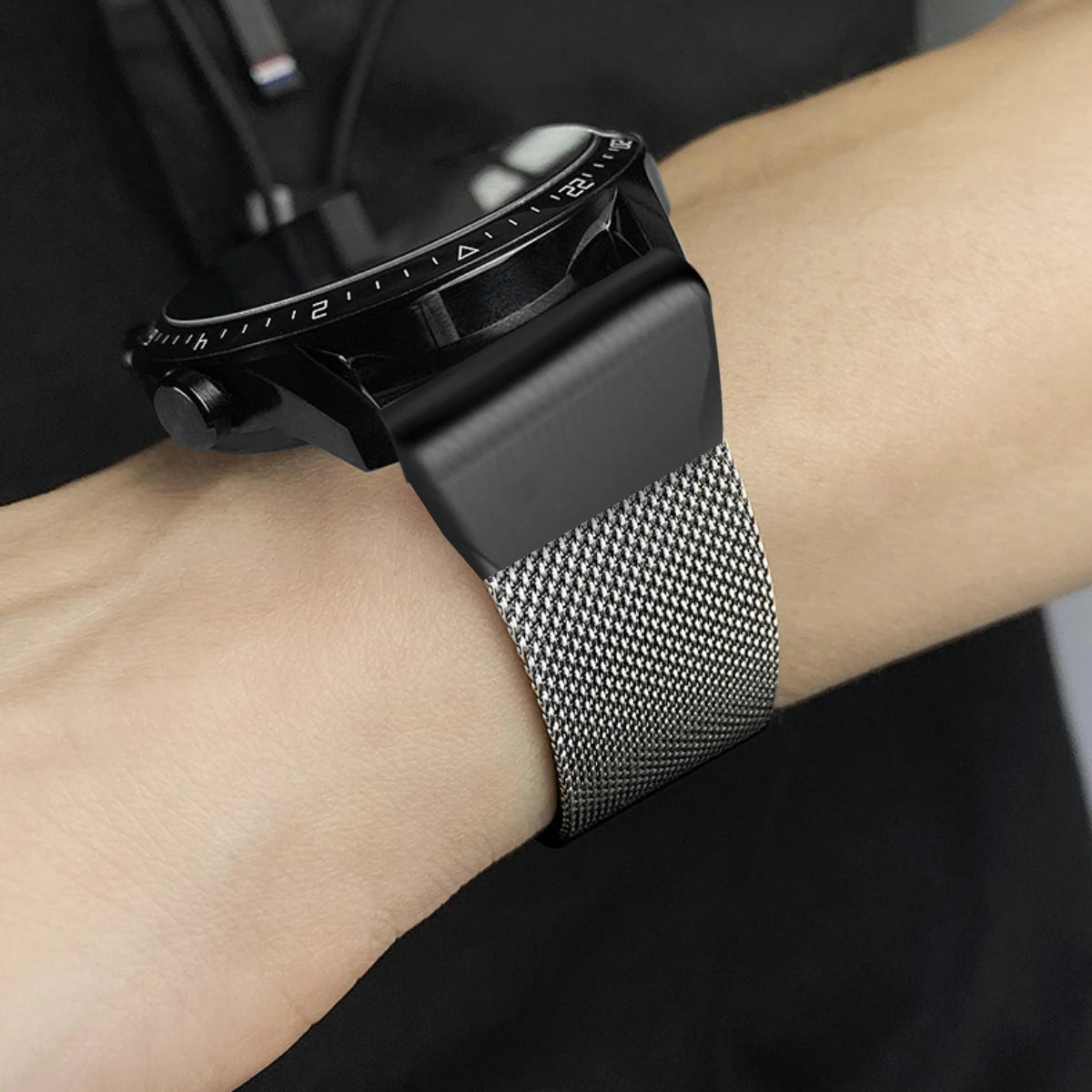 Garmin QuickFit Stainless Steel Mesh Clasp Band black mesh clasp band shown on a wrist