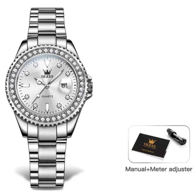 Women's Crystal Bezel Quartz Date Watch — White dial watch front view — BandsCo Straps