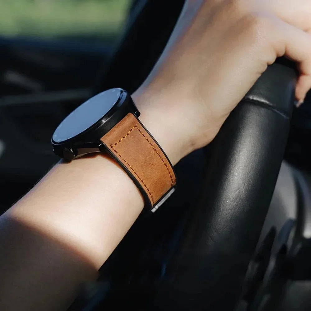 Garmin Leather and Silicone Magnetic Band in brown worn while driving