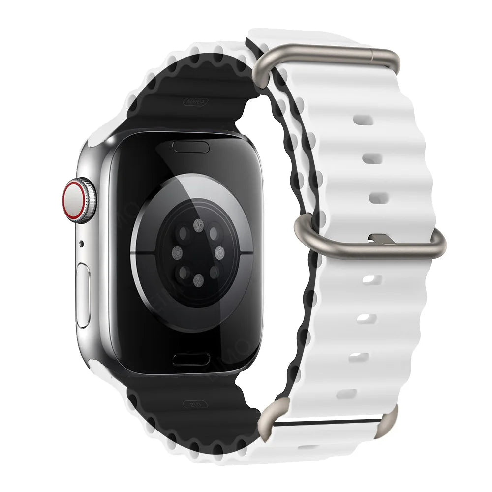 Ribbed Silicone Apple Watch Band with Adjustable Metal Loop in White / Black