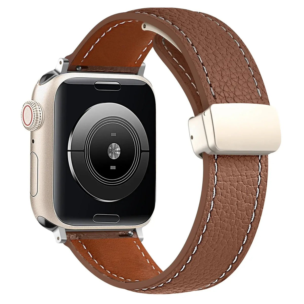 Stitched leather Apple Watch band in Brown, with silver-tone folding clasp.