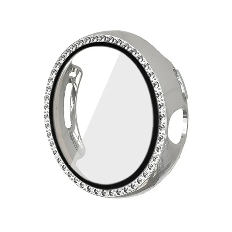 Bedazzled silver case and cover for Google Pixel Watch, designed for style and protection. Compatible with Pixel 1, 2, 3 (41mm).