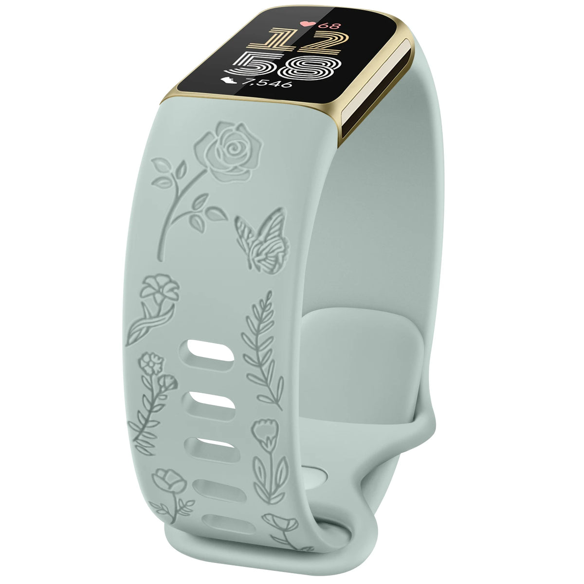 Pale Green Fitbit Charge 5 and 6 Floral Engraved Band, Soft TPU