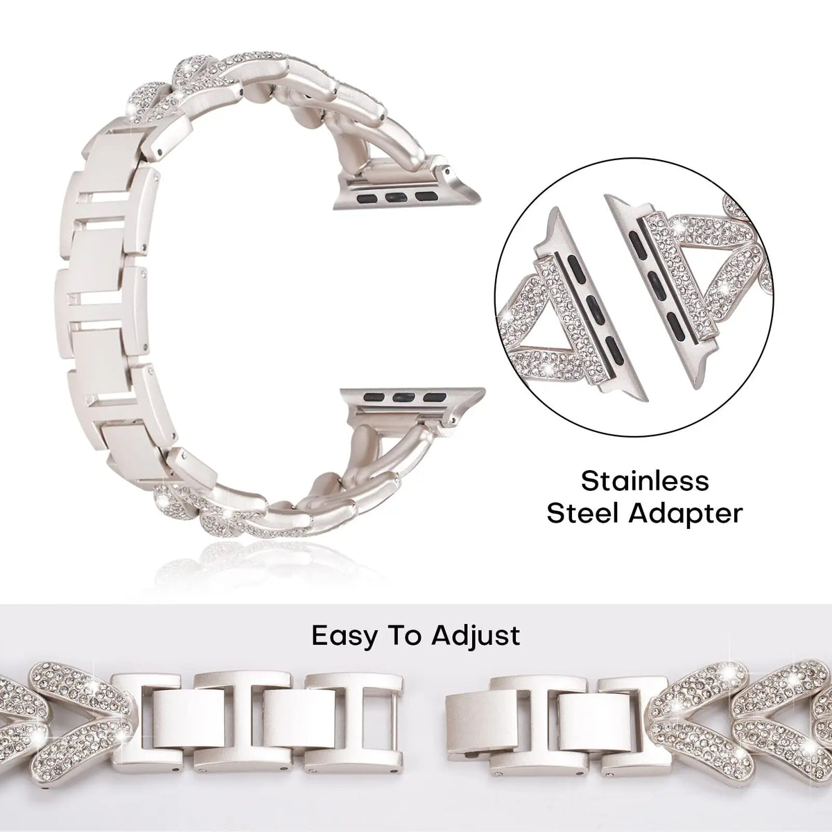 Connector and removable clasp-link adjustment illustrations for Apple Watch