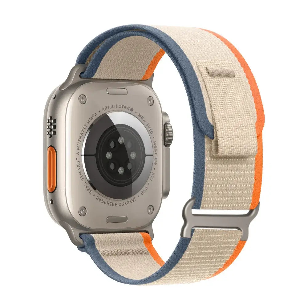 Beige / Navy / Orange woven nylon Apple Watch band with pull tab