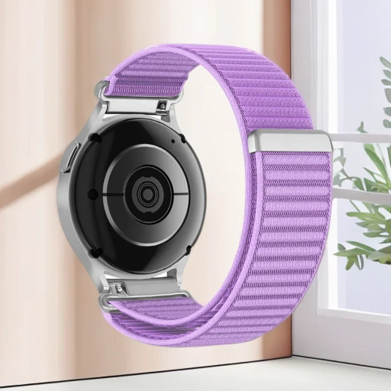 OnePlus Smartwatch Nylon Band Adjustable Velcro Sport Strap Bracelet in purple on a smartwatch.