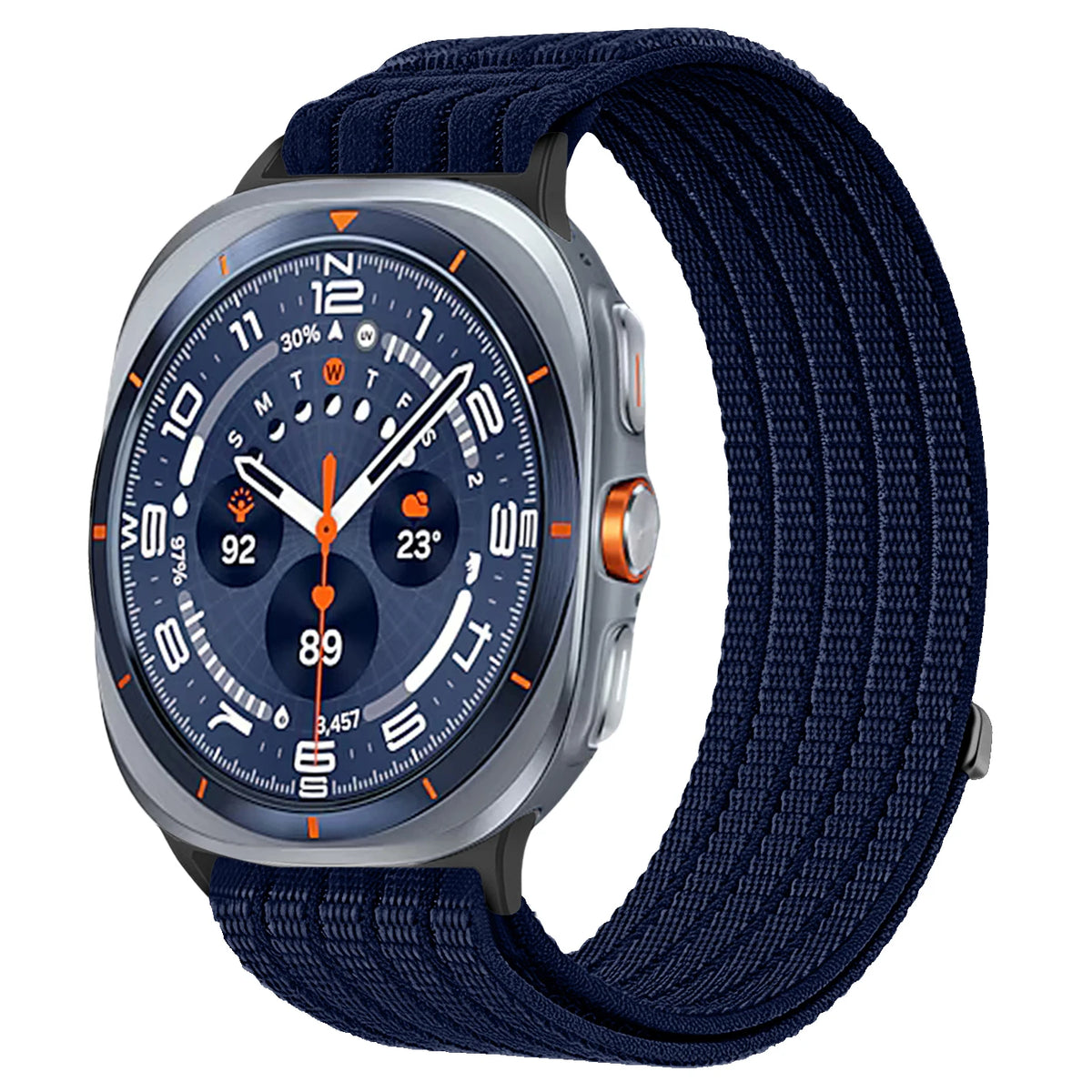 Samsung Galaxy Sport Nylon Woven Loop Watch Band – Watch8/Watch8 Classic/Watch9/Ultra/Ultra2 in dark blue with woven texture