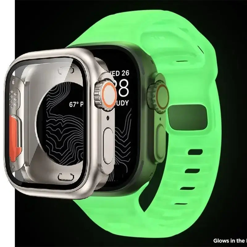 Glow White slotted silicone Apple Watch band with coordinating case