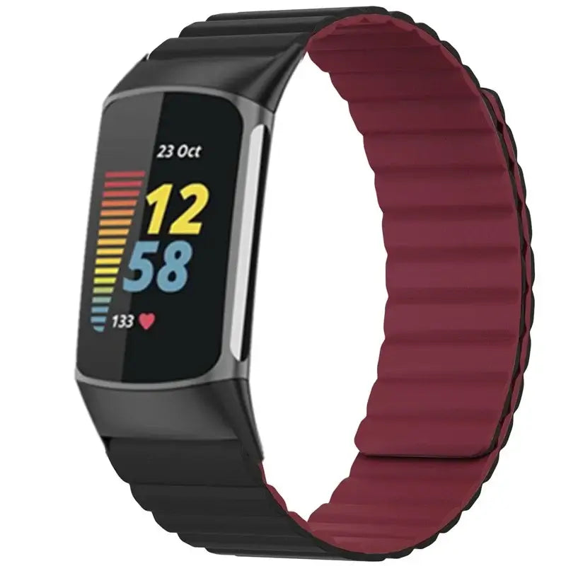 Fitbit Charge 5 & 6 Magnetic Silicone Wrap Band burgundy ribbed band shown on a tracker