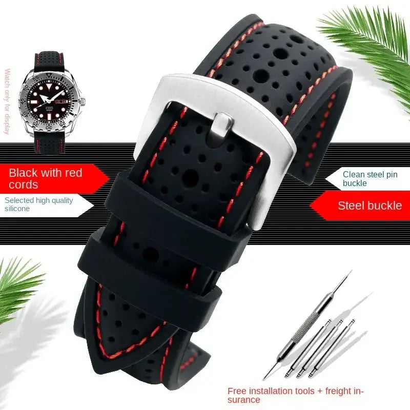 Suunto Perforated Silicone Band with Stitching - Black / Red Stitching / Silver Buckle