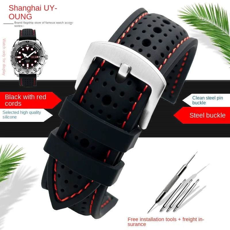 COROS Perforated Silicone Band with Contrast Stitching – Black / Red Stitching / Silver Buckle
