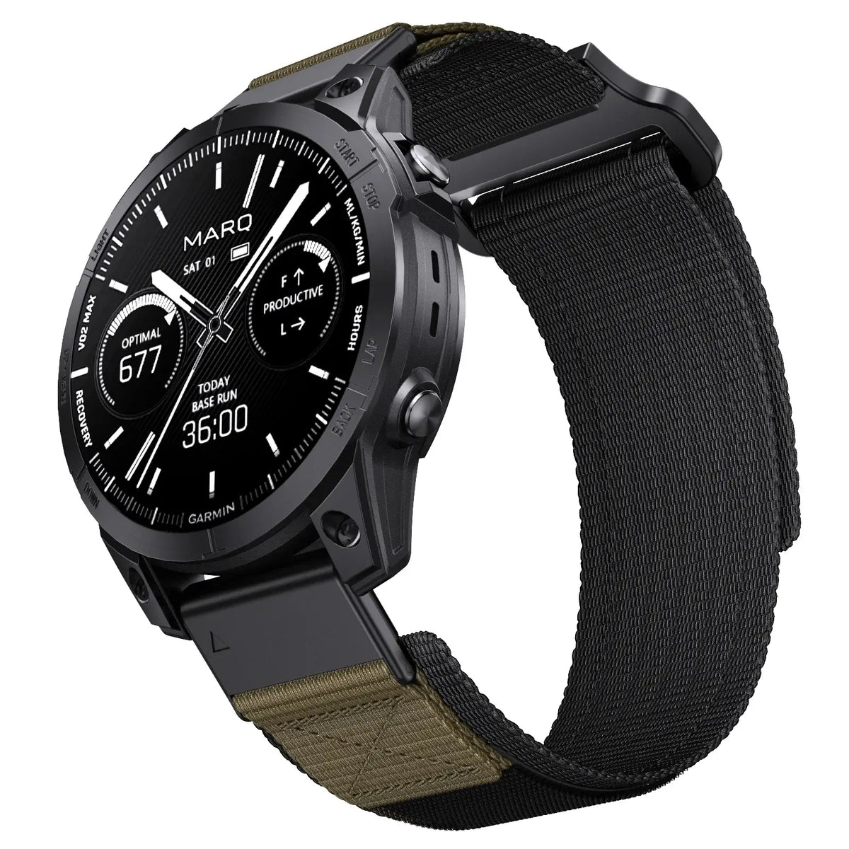 Garmin QuickFit Nylon Sports Loop Band black and olive nylon band shown on a watch