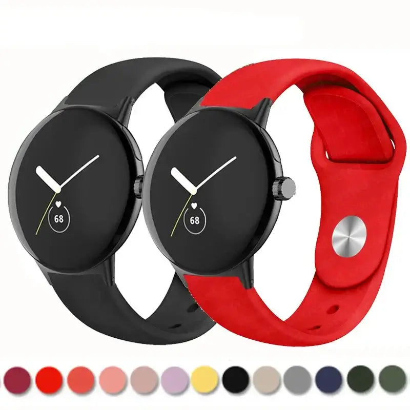 Black and red round stud Pixel Watch bands with color swatches