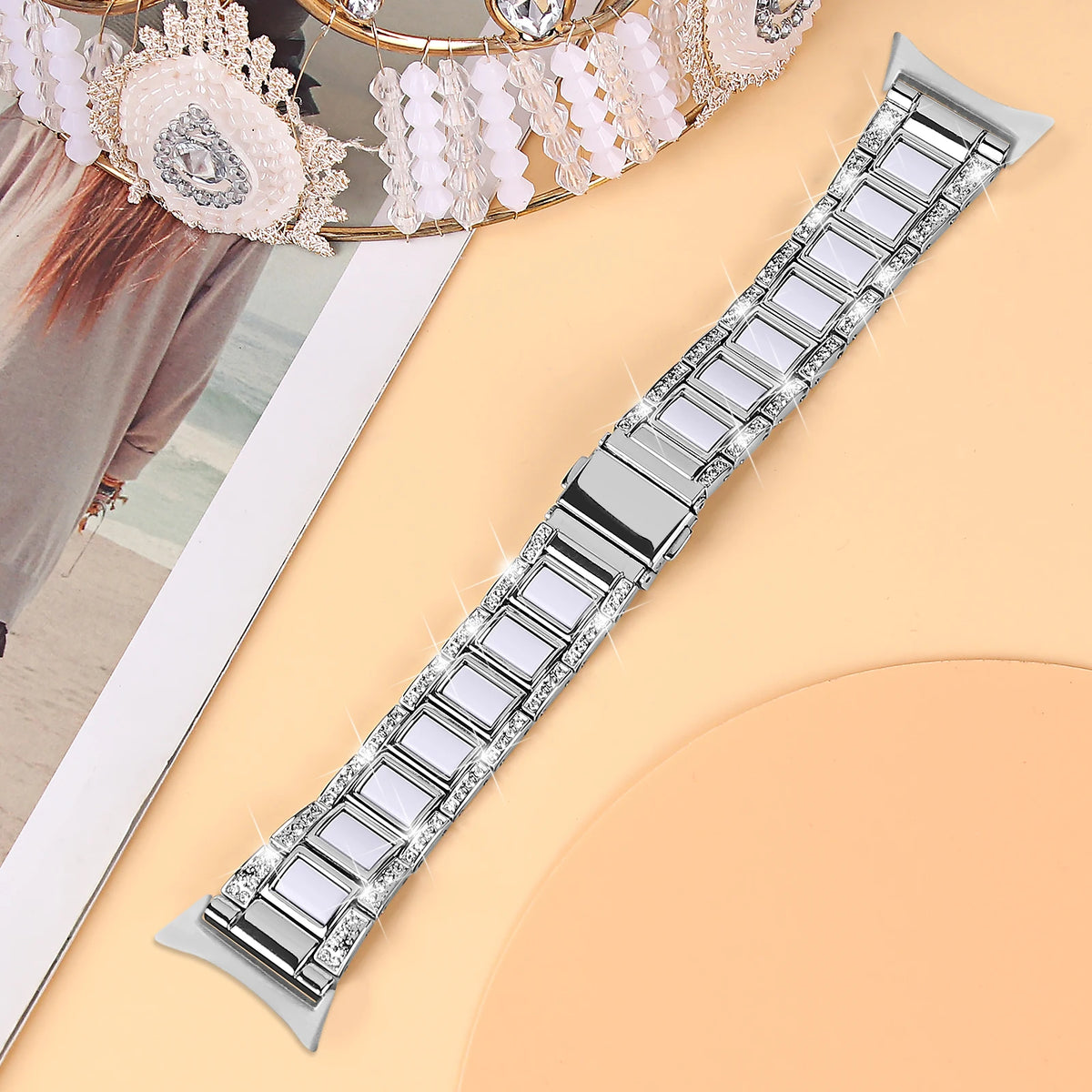 Silver / White Google Pixel Watch 5, 4 and 3 41mm Resin Inlay Link Bracelet Band