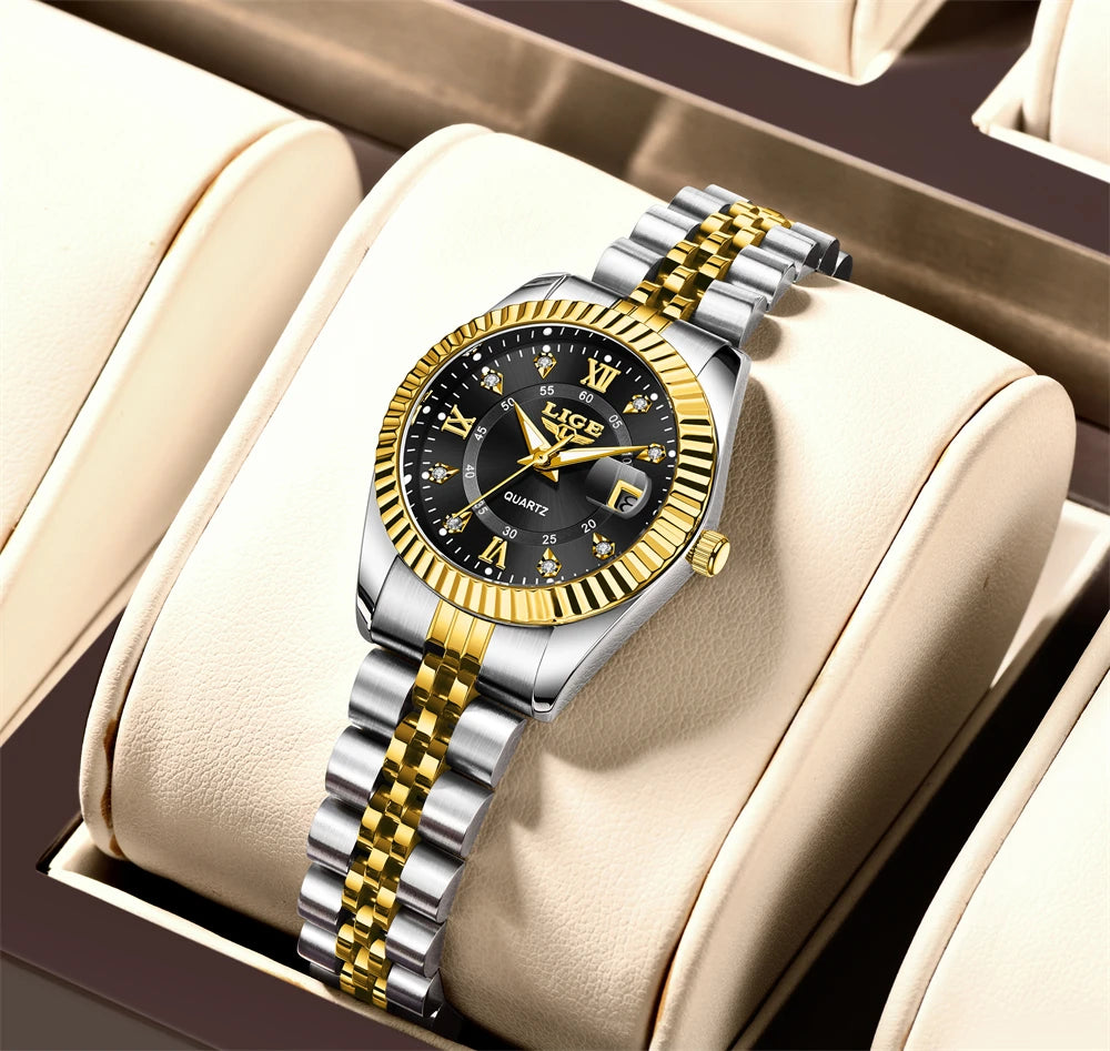 Women's 27mm Fluted Bezel Quartz Date Watch — Two Tone / Black Dial