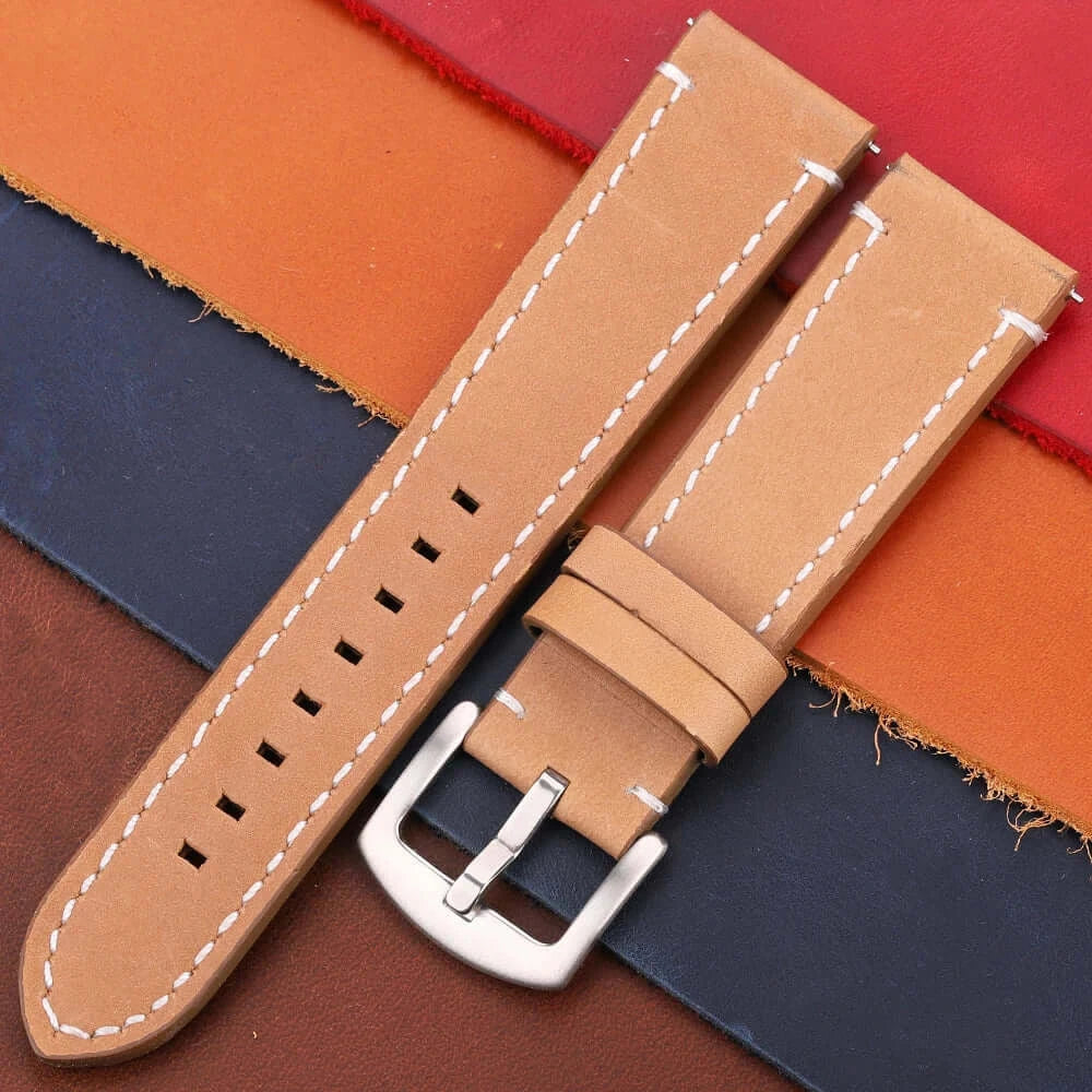 TicWatch Contrast-Stitched Leather Buckle Band - Tan / Silver Buckle