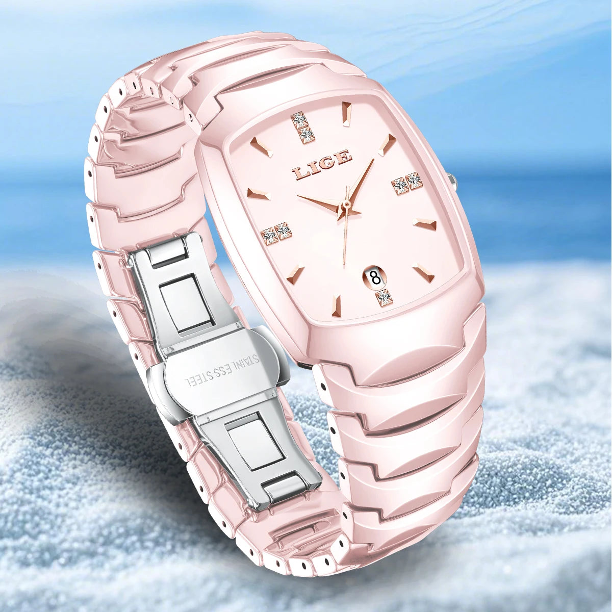 Women's Tonneau Crystal Marker Bracelet Watch — Pink bracelet and clasp detail — BandsCo Straps