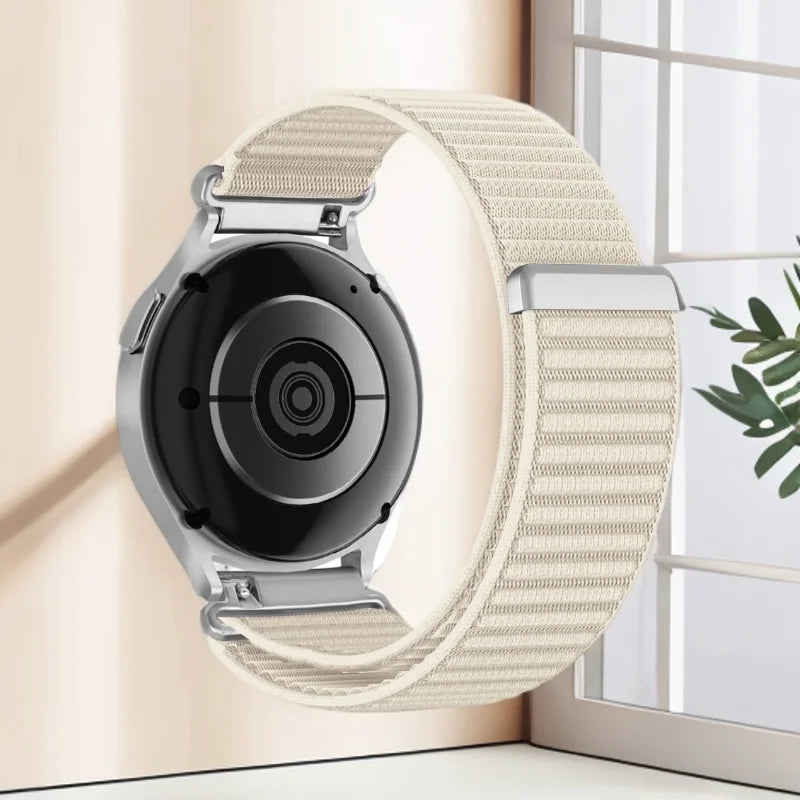 OnePlus Smartwatch Nylon Band Adjustable Velcro Sport Strap Bracelet on a stylish watch with a light fabric band.