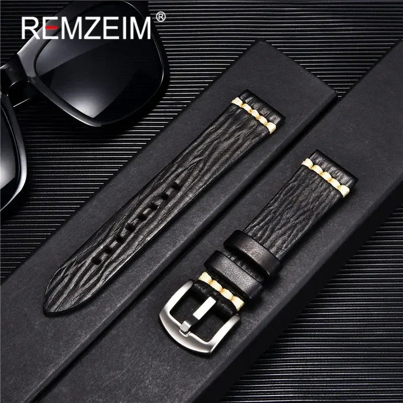 Textured Leather Band with Accent Stitching in Black for compatible Huawei watches