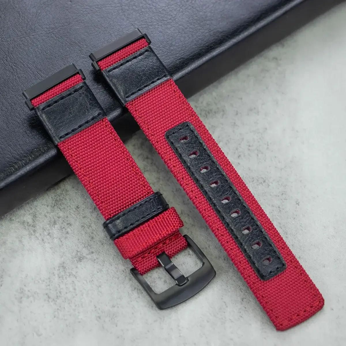 Fitbit Versa & Sense Nylon Band with Leather Details - Red
