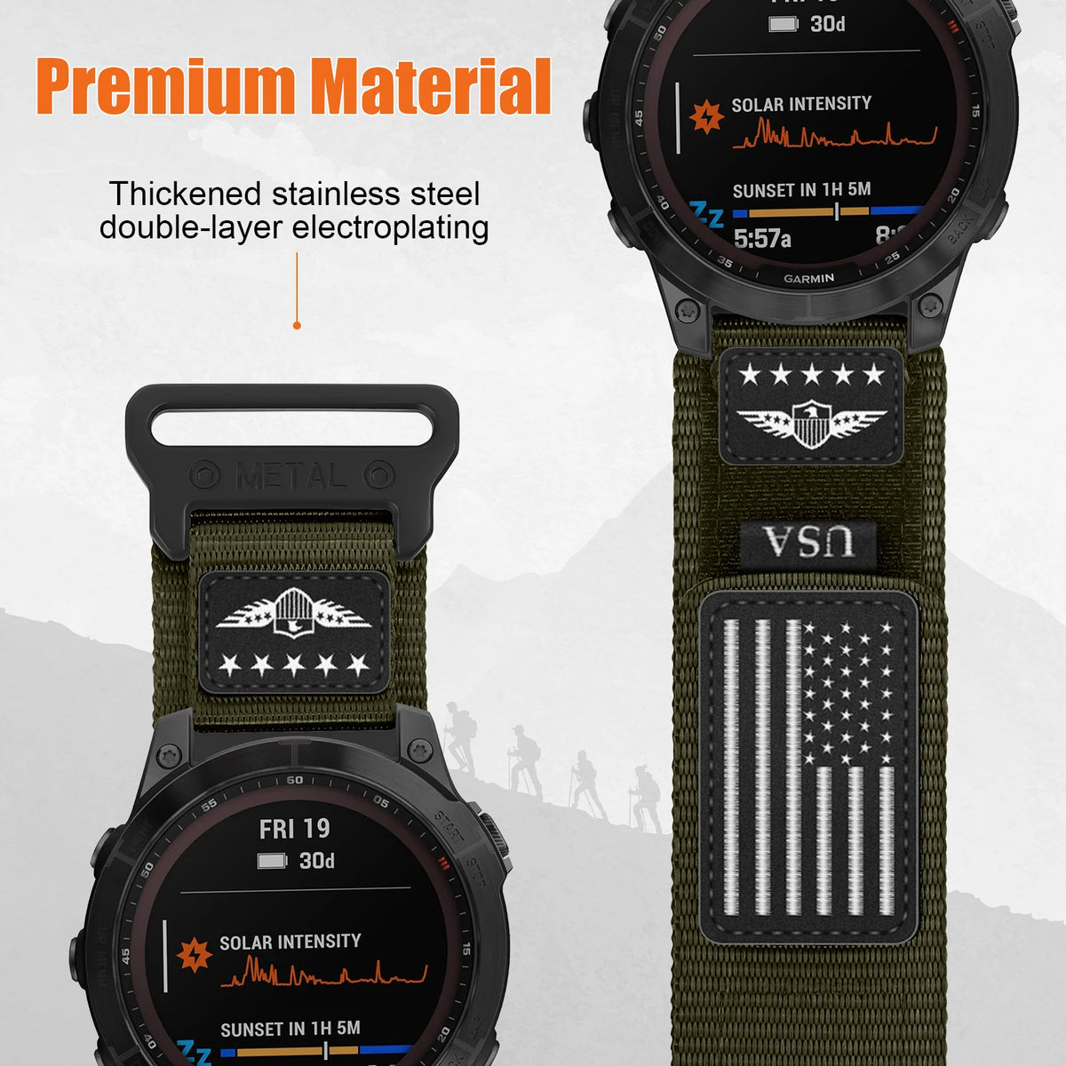 Garmin QuickFit Nylon Band with USA Flag Patch metal keeper and connector detail
