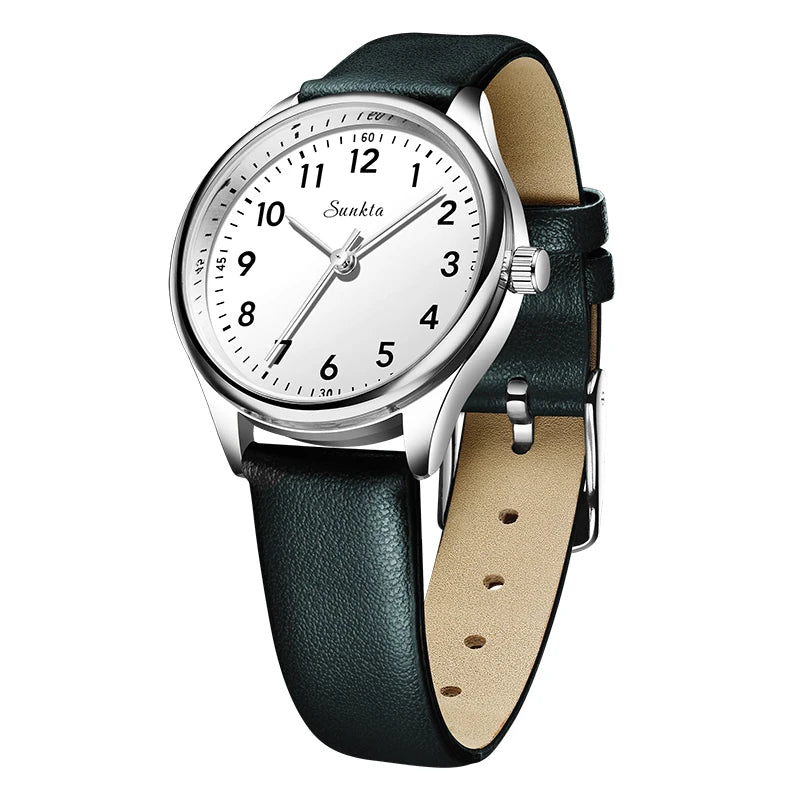 Women's Arabic Numeral Quartz Watch — Green Strap / Silver Tone / White Dial — BandsCo Straps