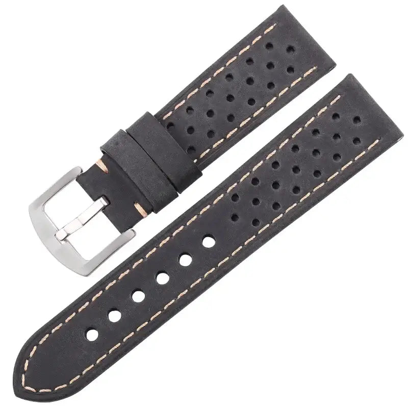 Suunto Perforated Leather Rally Band - Black / Silver Buckle