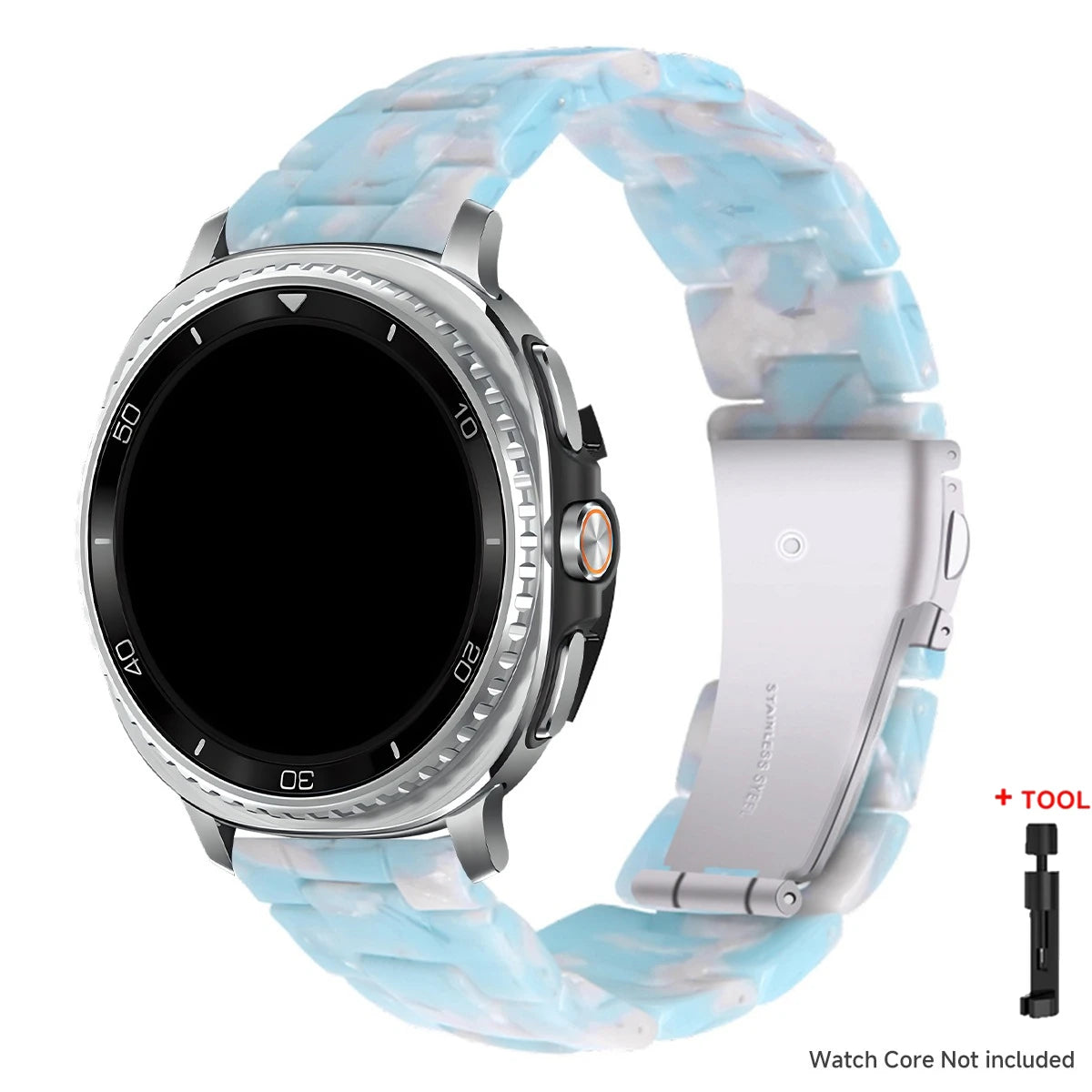 Samsung Galaxy Resin Link Watch Band - Tortoise Women Watch8/Watch8 Classic/Watch9 Ultra/Ultra2 in blue and white color.