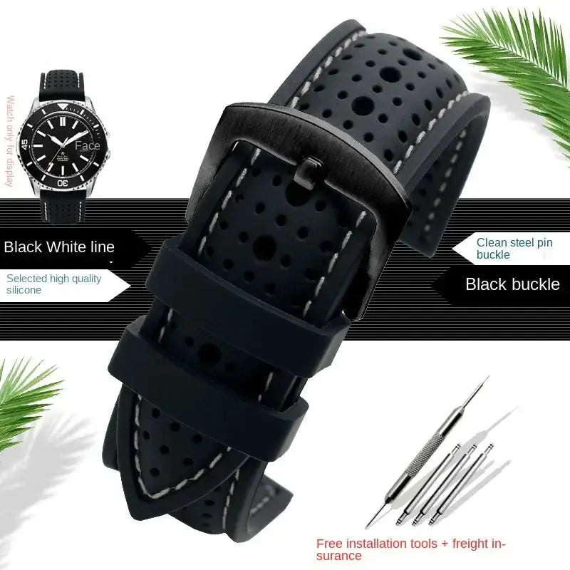 Samsung Galaxy Watch Perforated Stitched Silicone Band in Black / White Stitching / Black Buckle