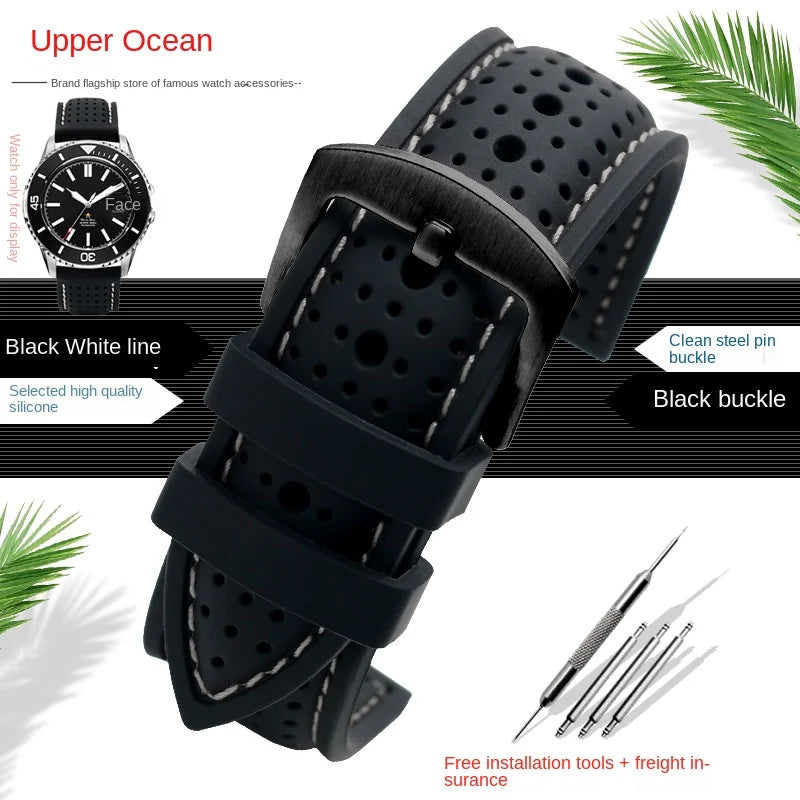 Polar Perforated Silicone Band with Contrast Stitching — Black / White Stitching / Black Buckle
