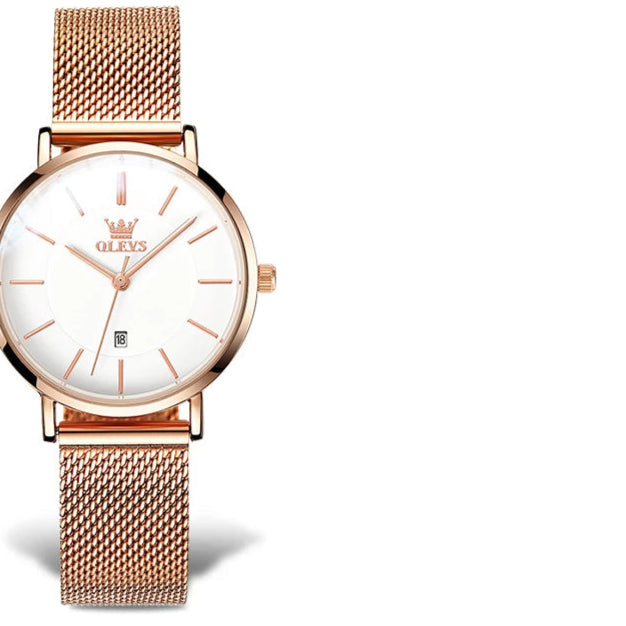Women's Minimalist Mesh Date Quartz Watch — White dial mesh watch front view — BandsCo Straps