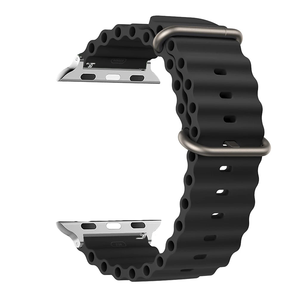 Black ribbed silicone Apple Watch band with metal buckle and keeper
