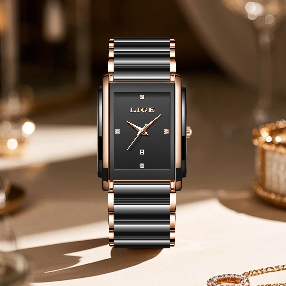 Women's Rectangular Ceramic Quartz Date Watch — Black rectangular watch with rose gold-tone accents