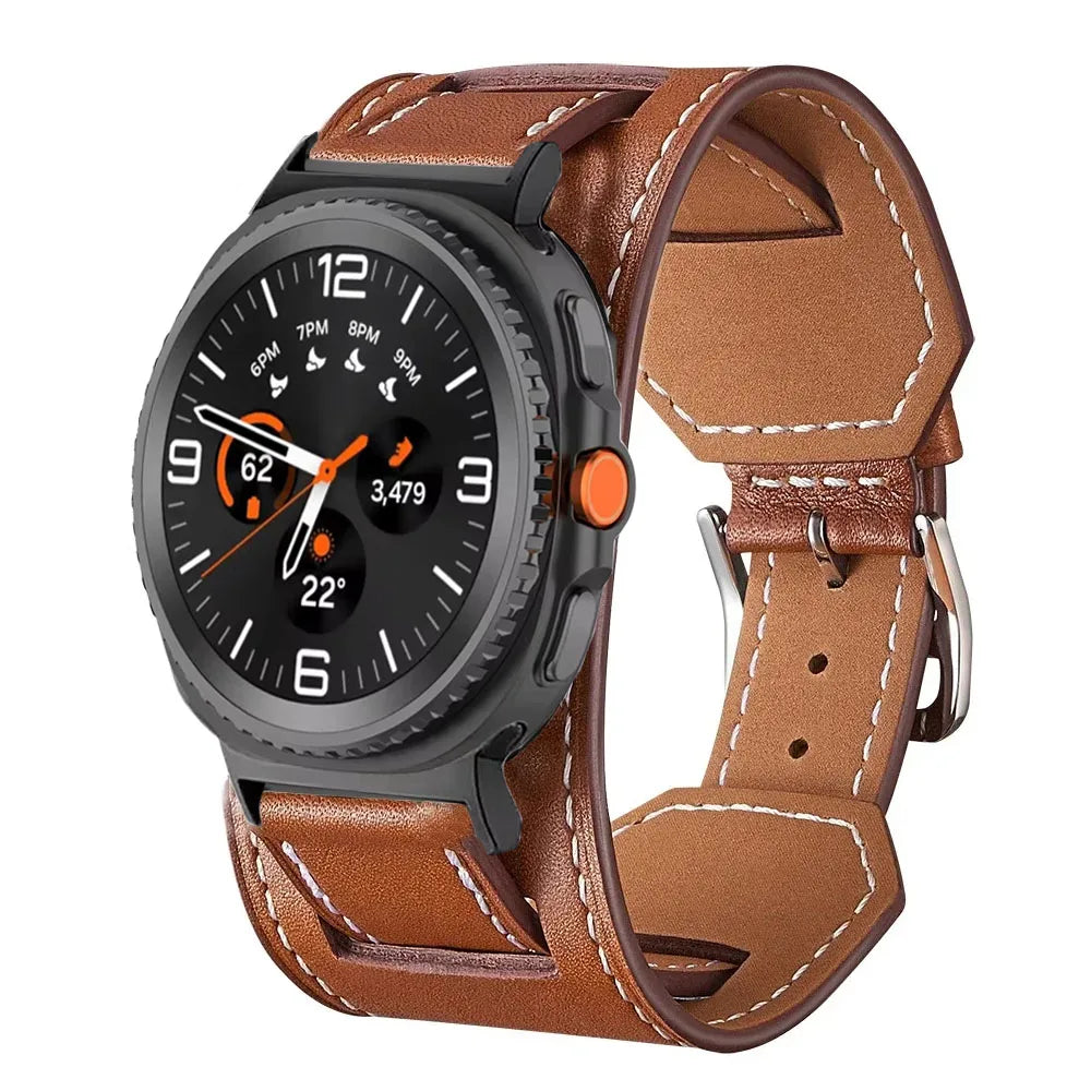 Samsung Galaxy Leather Watch Band - Watch8/Watch8 Classic/Watch9/Ultra/Ultra2 in brown leather, featuring comfortable design and classic style.