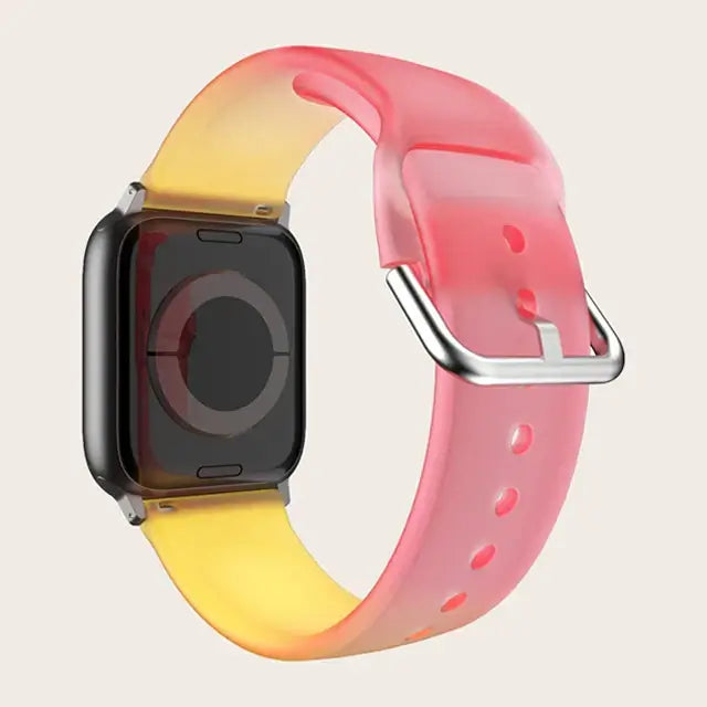 Pink / Yellow Gradient Apple Watch band with buckle and adjustment holes.