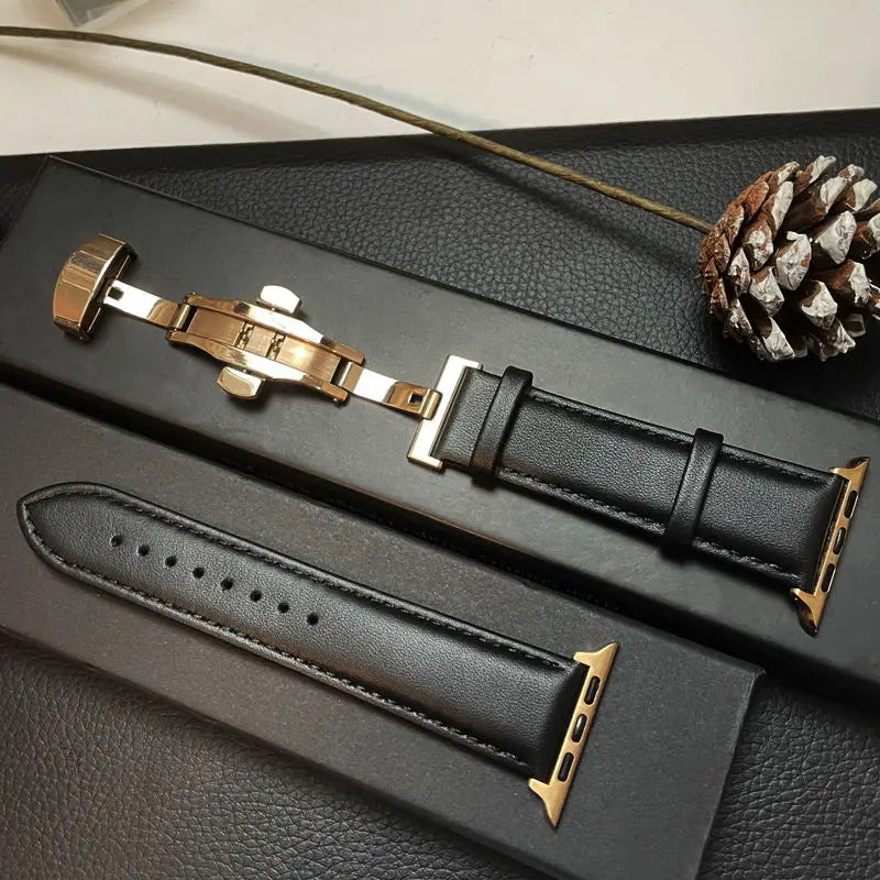 Leather Apple Watch Band with Folding Clasp in Gold / Black
