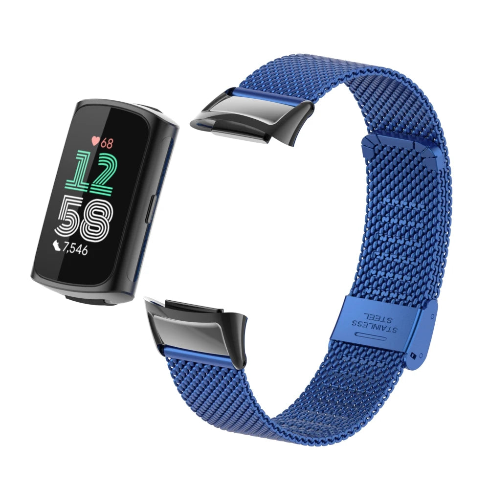 Blue Fitbit Charge 5 and 6 Stainless Steel Mesh Band with Clasp