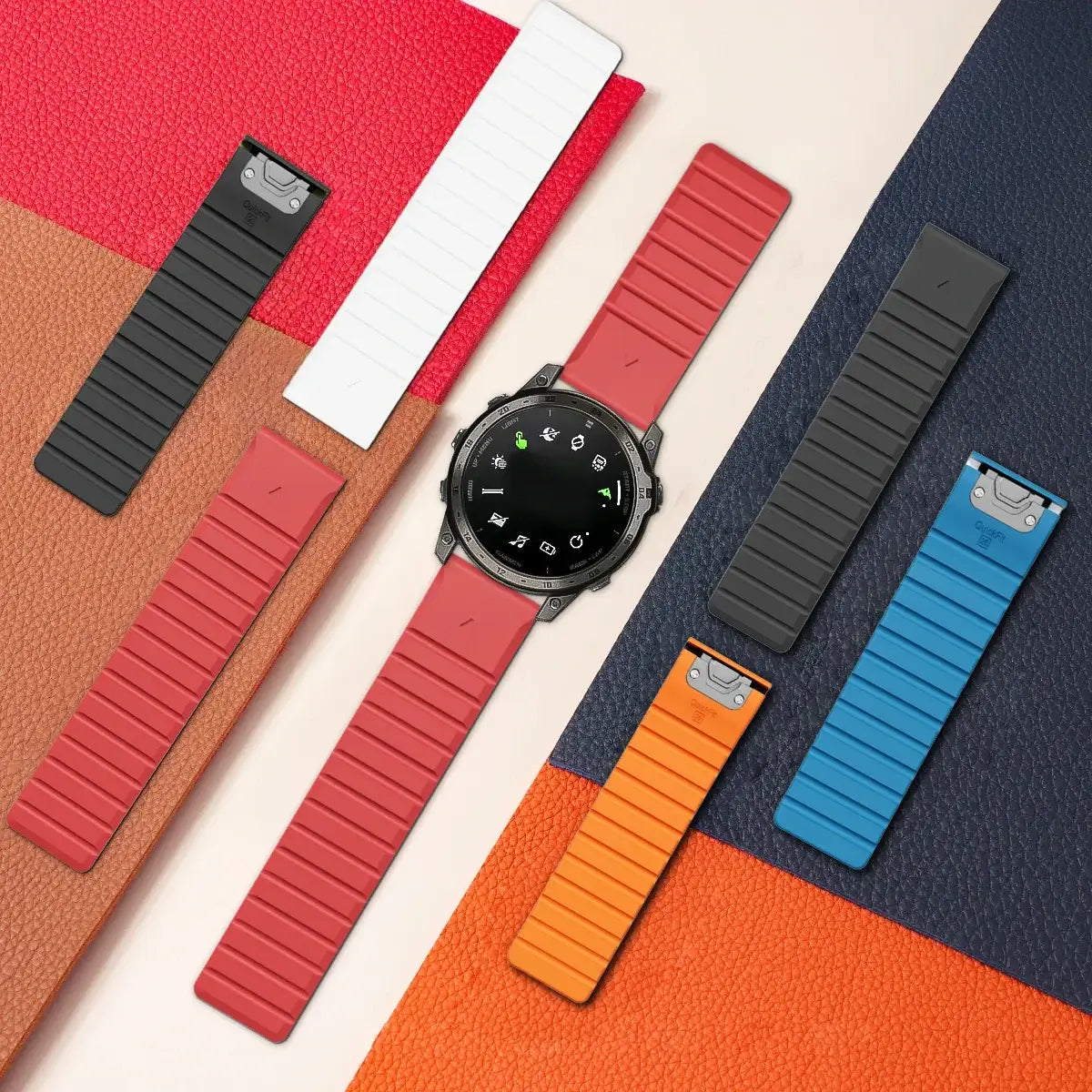 Garmin QuickFit Magnetic Silicone Wrap Band contrasting silicone strap colors laid flat