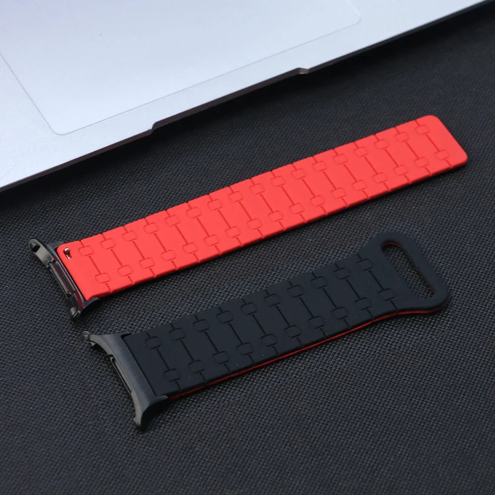 Samsung Galaxy Silicone Link Watch Band – Magnetic for Ultra/Ultra2/Watch8/Watch8 Classic/Watch9 in black and red silicone.