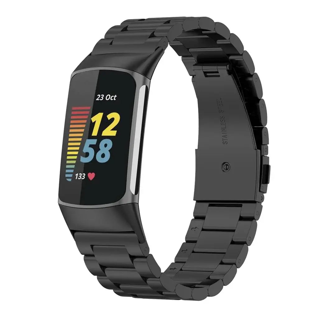 Fitbit Charge 5 & 6 Stainless Steel Three-Link Band black bracelet shown on a tracker