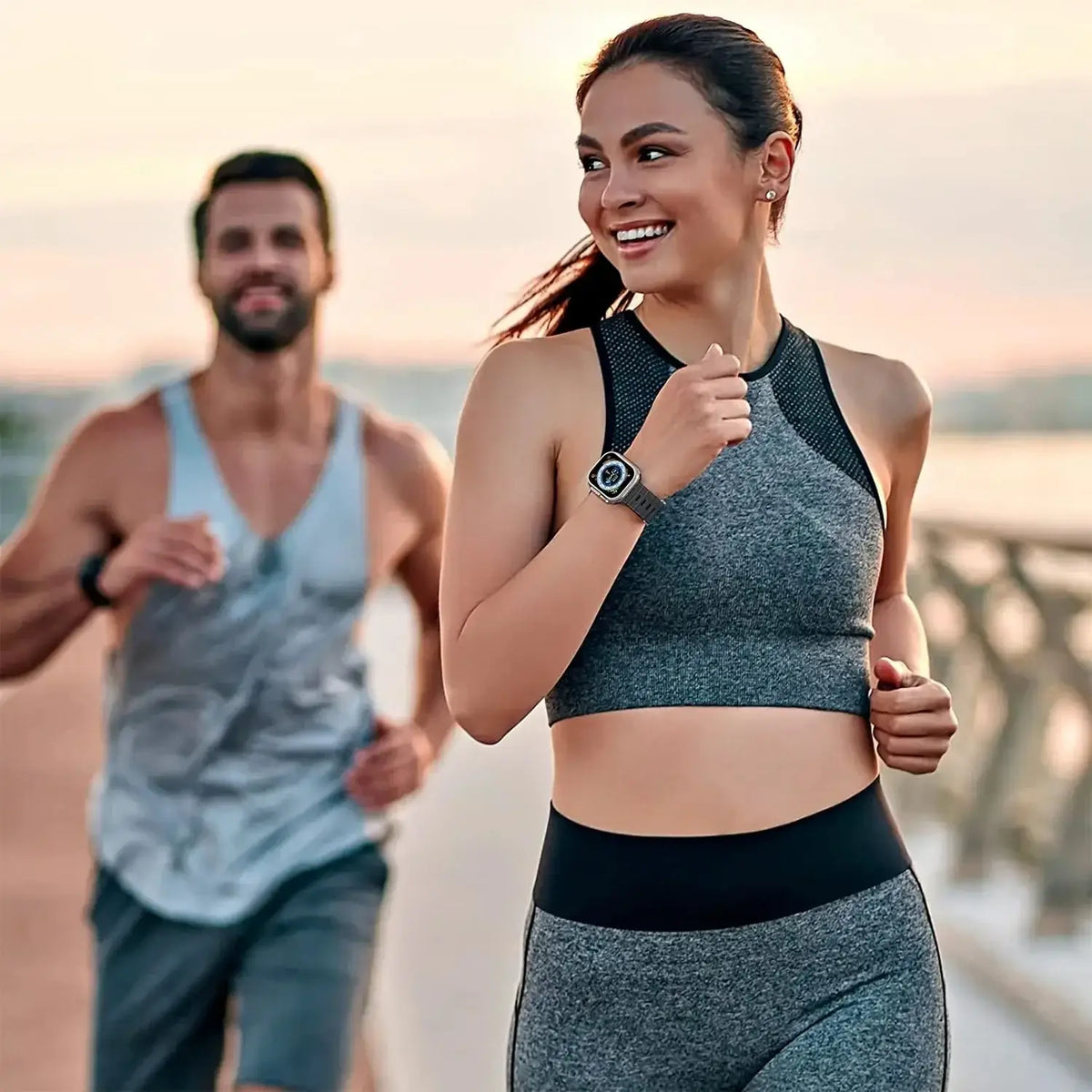 Person wearing a smartwatch while running outdoors