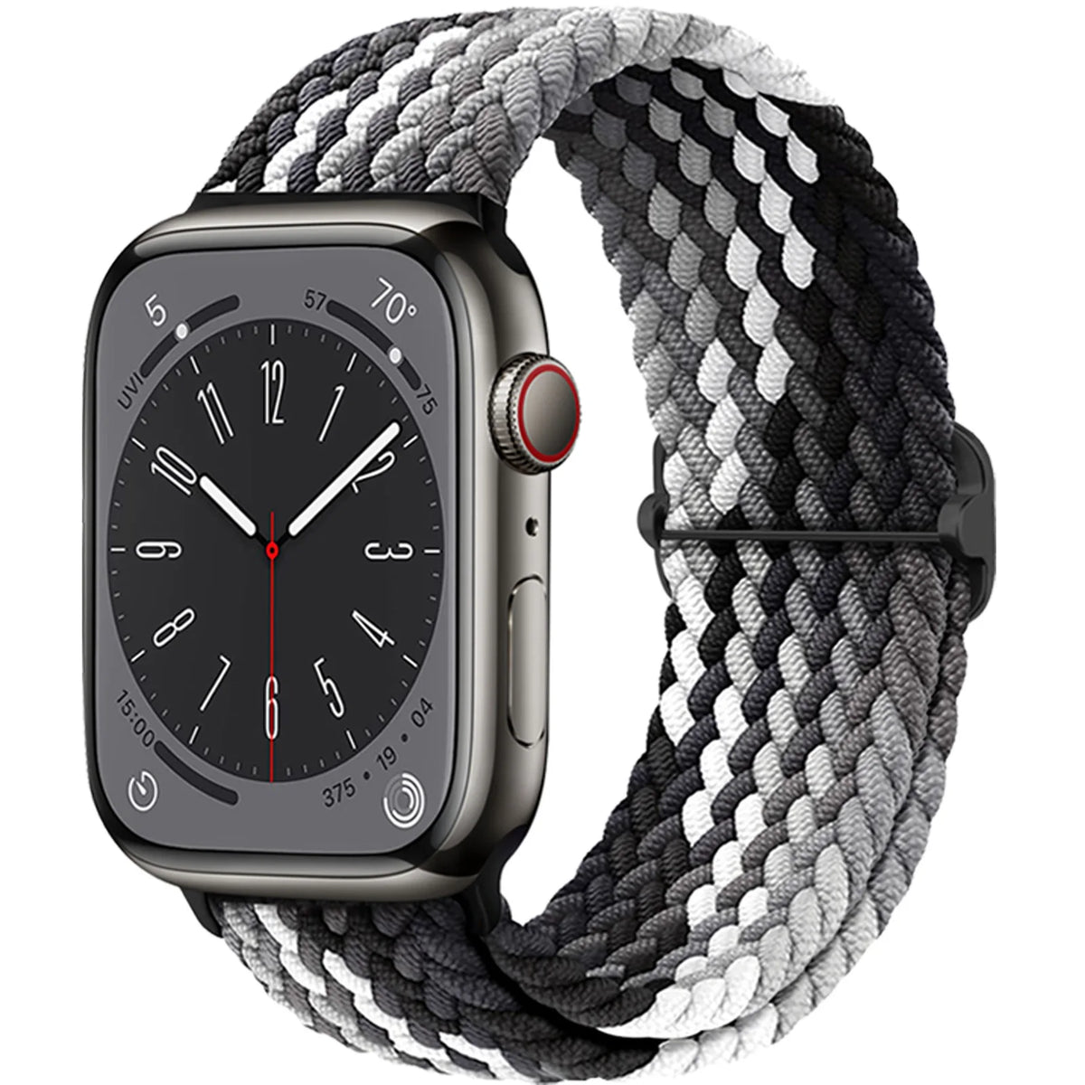 Stretch Braided Nylon Apple Watch Loop with Slider in Black / Gray / White Stripe