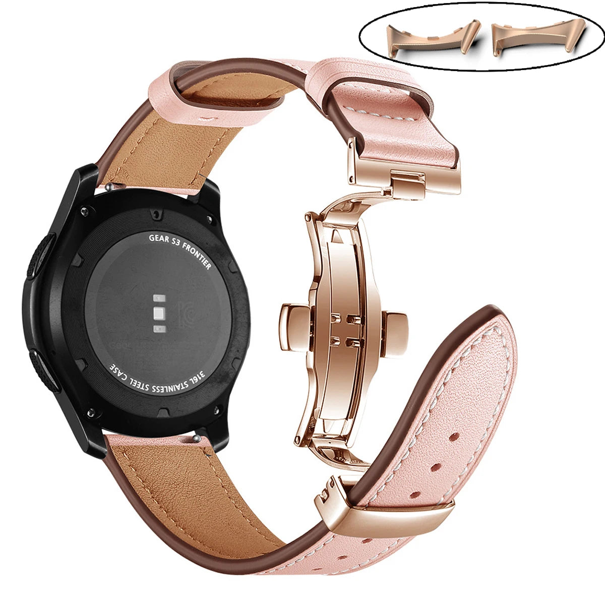 Pink - Rose Gold Clasp Google Pixel Watch 5, 4 and 3 45mm Leather Band, Butterfly Clasp