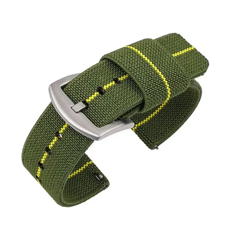 Samsung Galaxy Watch Solid & Striped Woven Strap in Army Green / Yellow Stripe / Silver Buckle